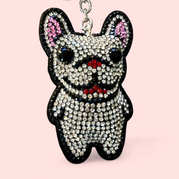 Sparkling Cartoon French Bulldog Badge Charm Keychain with Rhinestones and Tasse - Picture 2 of 5